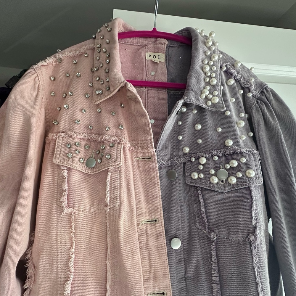 POL Pink and Gray Jean Jacket with Pearl Accents - Picture 3 of 3